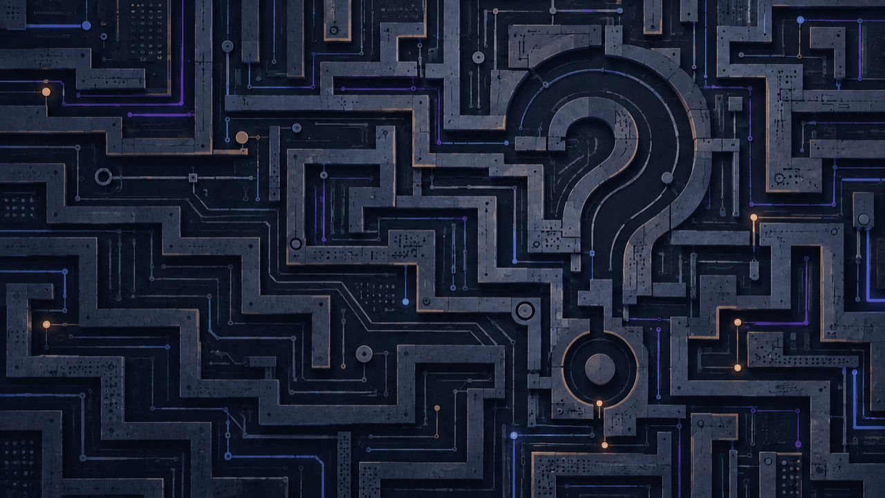 Ein dunkles technisches Labyrinth, dessen Wege ein Fragezeichen bilden.