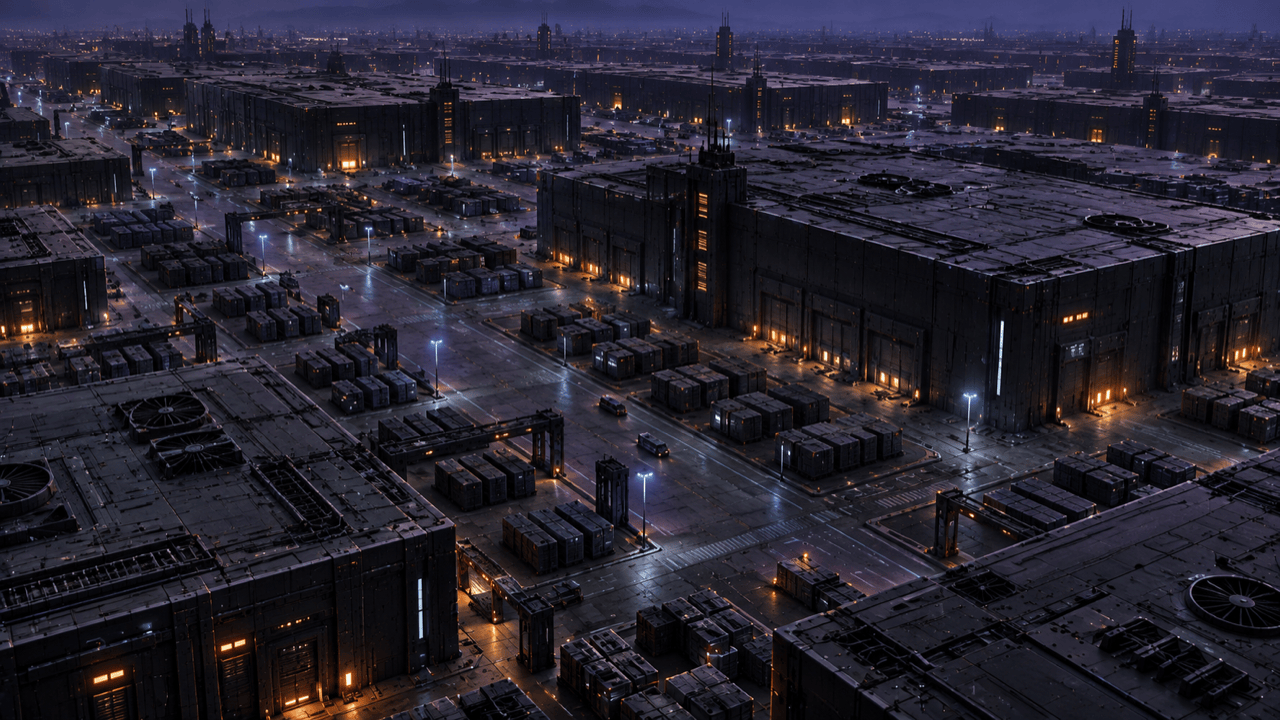 Ein weites Feld aus unterschiedlich großen technischen Speicherhallen reicht bis zum Horizont.