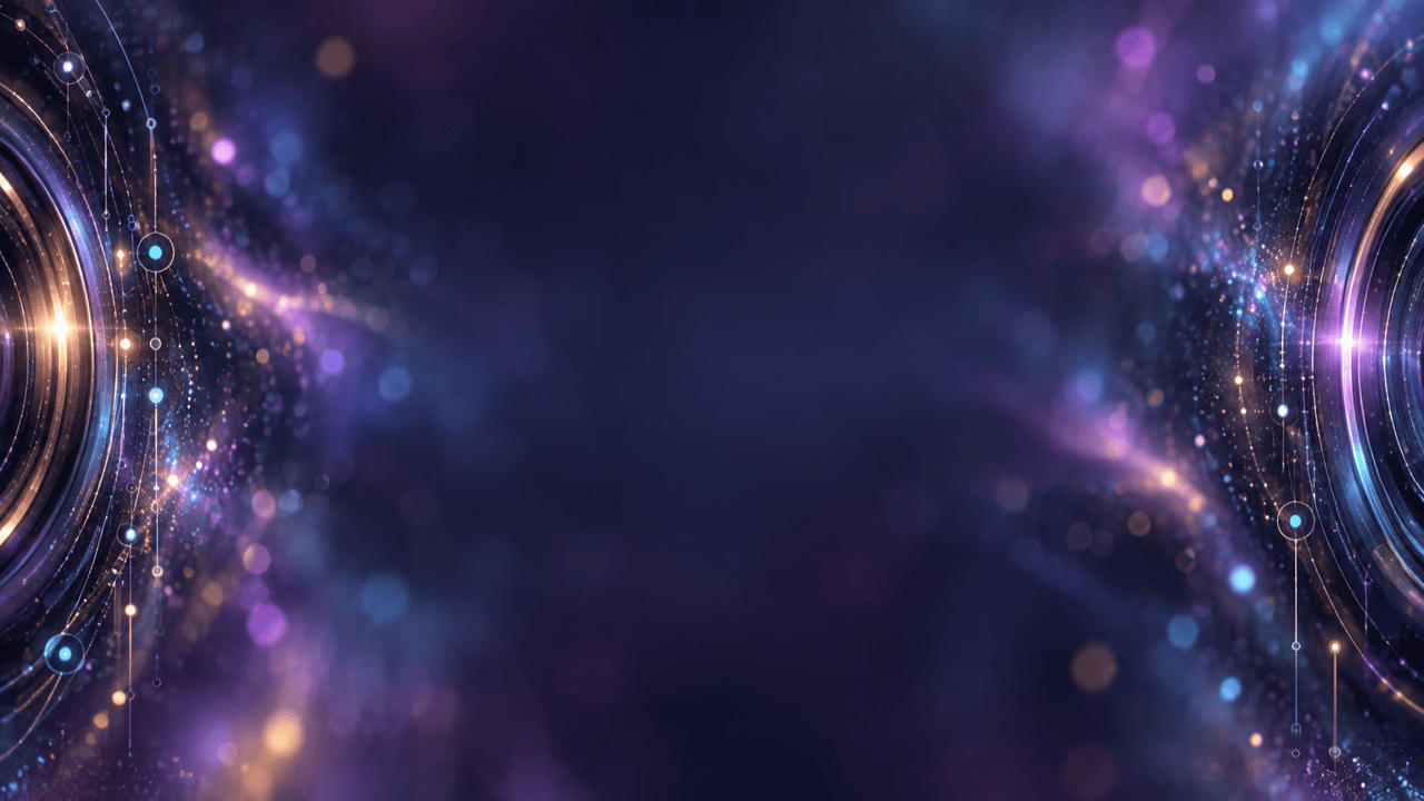 Violette und blaue technische Lichtstrukturen werden zur Bildmitte hin unscharf.