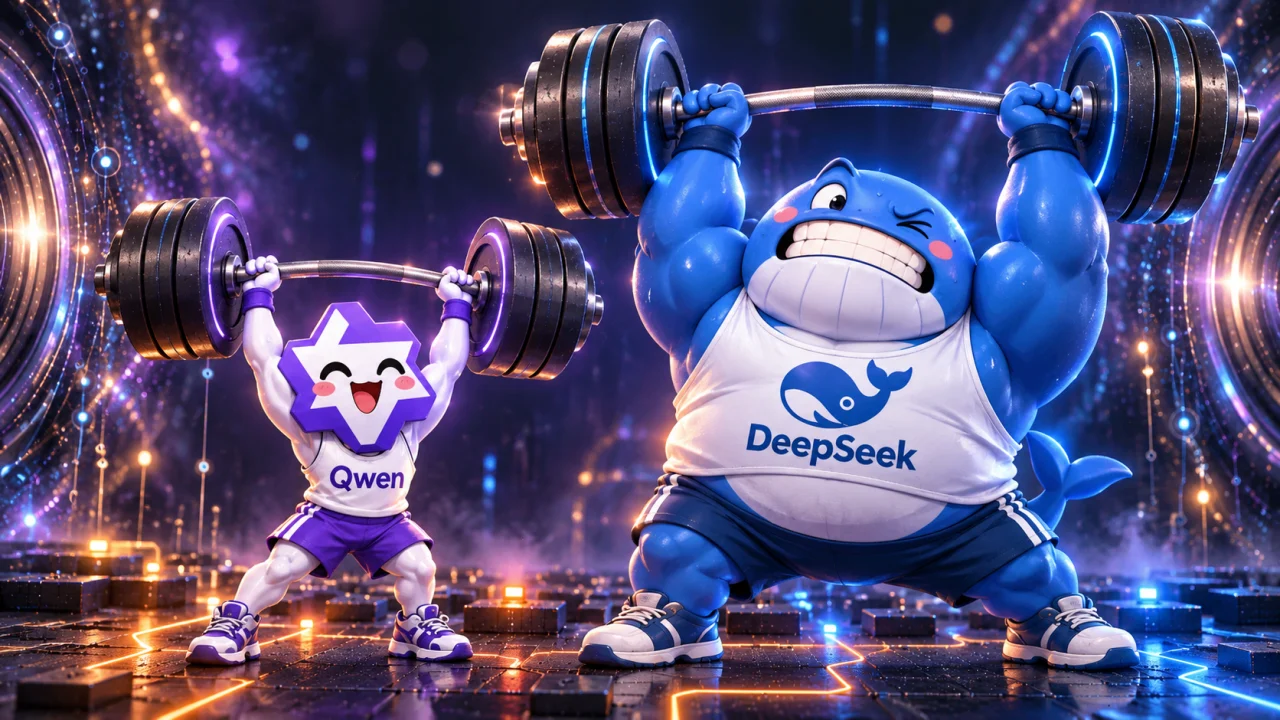 Eine kleine Qwen-Figur und eine große DeepSeek-Walfigur heben jeweils eine Hantel in einer dunklen technischen Arena mit violetten und blauen Lichtspuren. Eine Illustration, keine Messung der Modellleistung.