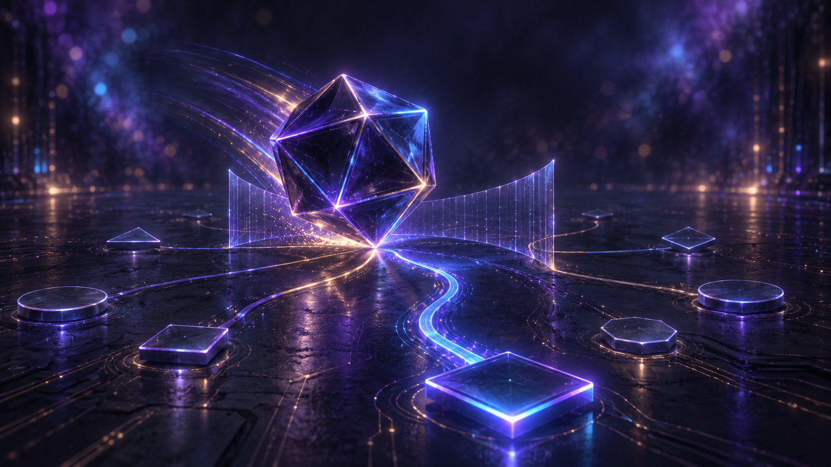 A many-sided die rolls among paths of different brightness towards several blank text fragments. One route glows most brightly. An artistic metaphor for choosing the next continuation, not measured probabilities.