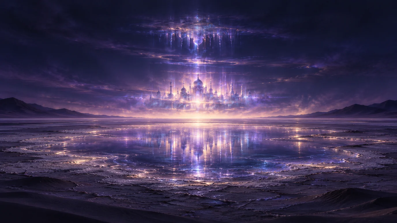 A luminous city floats above a dark salt plain, with distorted reflections in the air and shimmering apparent water below. An artistic mirage used as a metaphor for plausible false claims.
