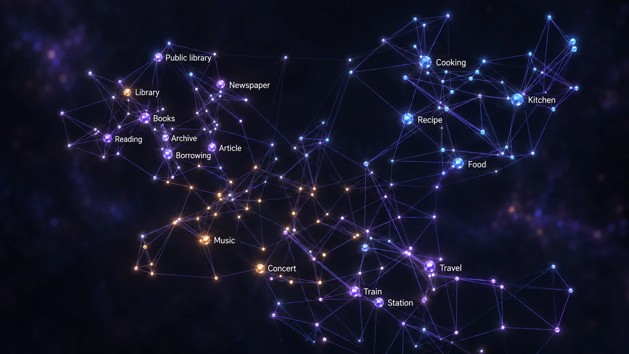 A three-dimensional word map with glowing nodes and connections. Library, Public library and Books form one group; Cooking and Kitchen form another. Music and Travel occupy other areas. An artistic illustration with invented positions, not measured embeddings or an actual map of knowledge.