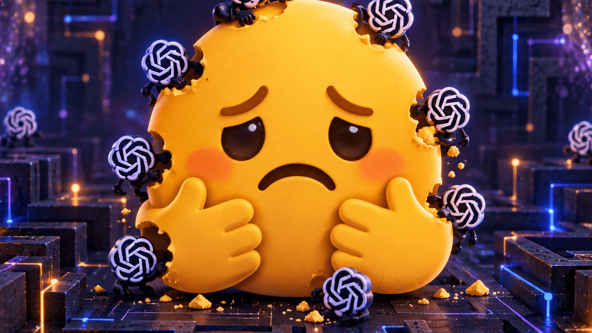 Illustration: Ein trauriges gelbes Umarmungs-Emoji wird von vielen kleinen OpenAI-Symbolfiguren angeknabbert.