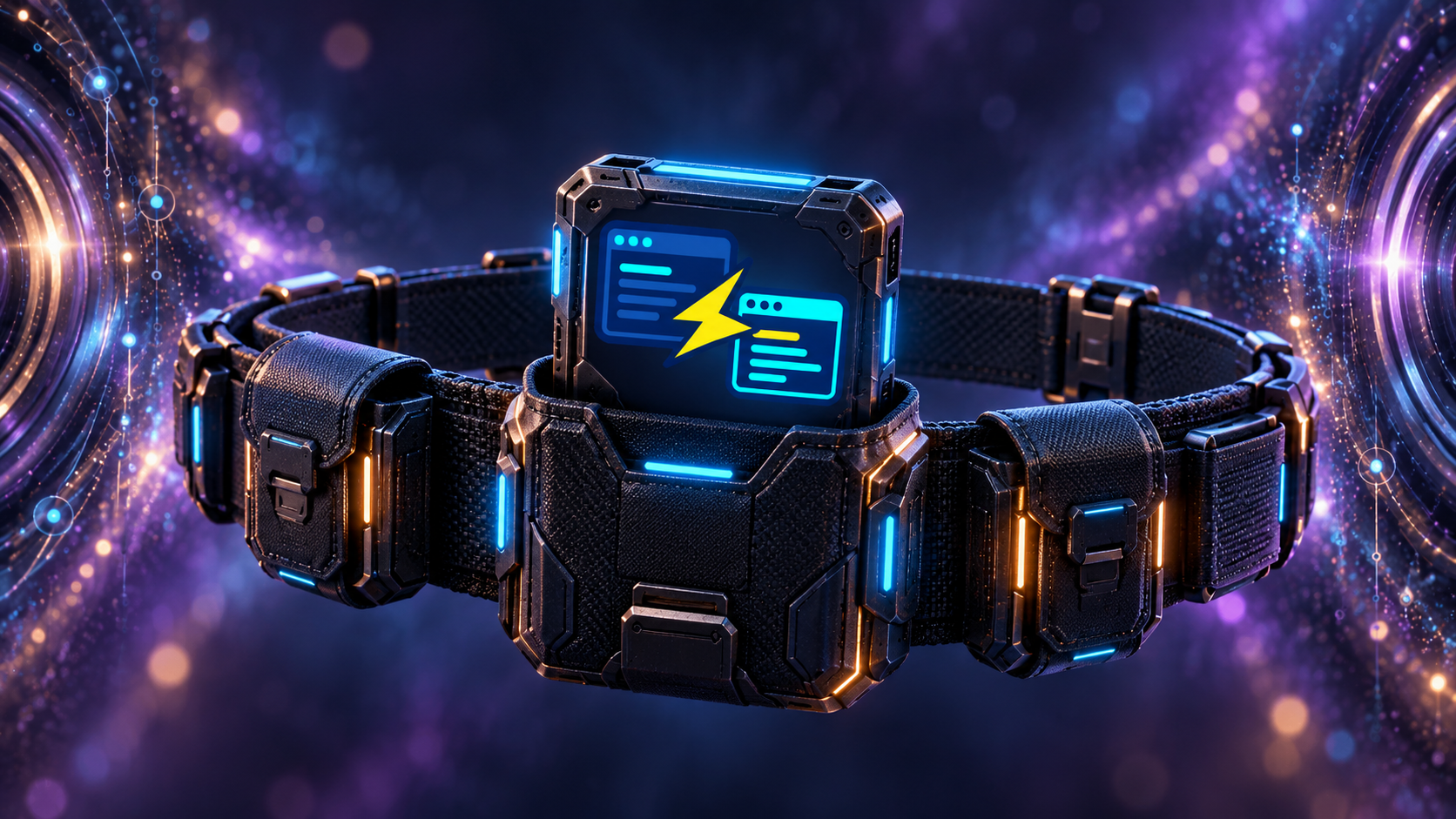 A dark technical tool belt with a utility in its front pouch, bearing the pi-blitz-handoff logo of two terminal windows and a yellow lightning bolt.